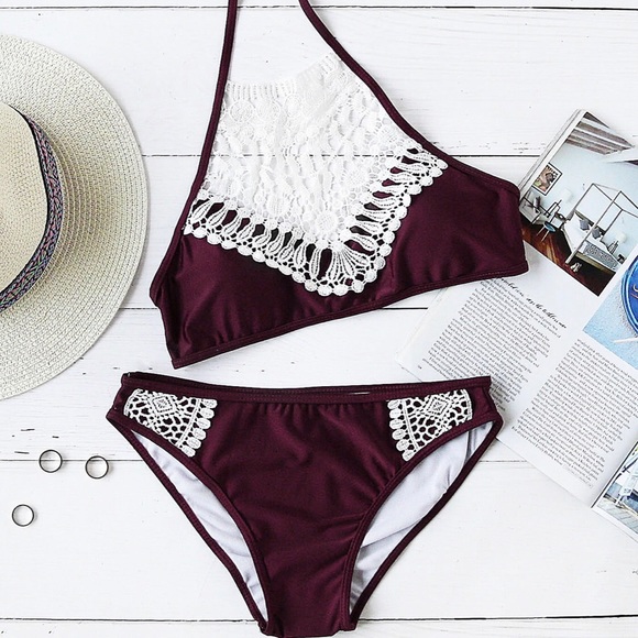 Other - Burgundy Halter Neck Lace Bikini Set